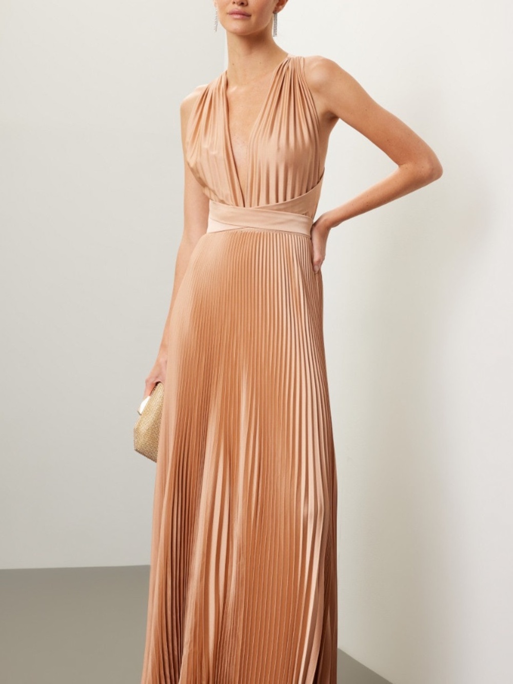 L'IDEE Moderniste Halter Pleated Wrap Dress Gown Gold Nude Champagne - SIZE US 6